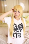 anzu_mayday ayumi_(iii) bed blonde_hair cosplay futaba_anzu idolmaster tshirt twintails rating:Safe score:0 user:nil!