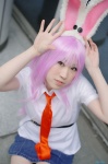 animal_ears blouse bunny_ears cosplay denim miniskirt purple_hair reisen_udongein_inaba skirt tie touhou yuki_nano rating:Safe score:1 user:nil!