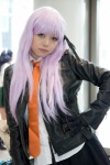 blouse cosplay danganronpa gloves hair_ribbon jinko kirigiri_kyouko leather_jacket pleated_skirt purple_eyes purple_hair skirt tie rating:Safe score:0 user:pixymisa