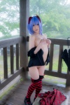 blouse blue_hair bonnet bottomless bow cleavage cosplay croptop lenfried open_clothes remilia_scarlet striped_legwear thighhighs touhou rating:Explicit score:5 user:nil!