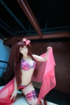 bed bikini cleavage cosplay fate/grand_order knives purple_hair saku sarong scathach_(fate/grand_order) shadow_queen side-tie_bikini spear swimsuit rating:Safe score:0 user:nil!