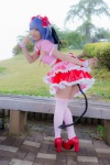 blouse blue_hair bonnet bow cosplay croptop half_skirt_open_front lenfried remilia_scarlet tail tail_plug thighhighs touhou wings rating:Safe score:4 user:nil!