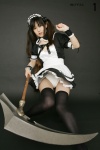 airi apron coa cosplay maid maid_uniform queen's_blade ribbons scythe thighhighs twintails rating:Safe score:2 user:nil!