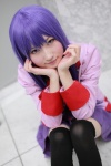bakemonogatari blouse cosplay hiokichi pleated_skirt purple_eyes purple_hair school_uniform senjougahara_hitagi skirt thighhighs tie zettai_ryouiki rating:Safe score:3 user:pixymisa