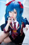 akb48 blouse blue_eyes blue_hair boots cosplay hairbows miniskirt momo pleated_skirt skirt tie twintails vest watanabe_mayu_(cosplay) rating:Safe score:4 user:pixymisa