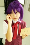 ahoge cosplay mahou_sensei_negima! miniskirt miyazaki_nodoka pleated_skirt purple_hair school_uniform skirt toubo_kotori vest rating:Safe score:0 user:nil!