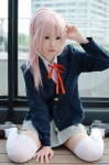 blazer blouse cosplay k-on! makise_anji miura_akane pink_hair pleated_skirt ponytail school_uniform skirt thighhighs zettai_ryouiki rating:Safe score:2 user:nil!