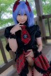 blouse blue_hair bonnet bow cosplay croptop lenfried miniskirt remilia_scarlet skirt skirt_lift thighhighs touhou wings rating:Questionable score:1 user:nil!