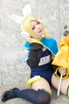 baton blonde_hair collar cosplay detached_sleeves headphones kagamine_len_no_bousou_(vocaloid) kagamine_rin microphone side_skirt_panels swimsuit thighhighs tomosuke vocaloid rating:Safe score:1 user:pixymisa