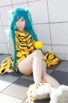 animal_ears aqua_hair azami cham_cham cosplay paw_gloves queen's_gate tiger_print rating:Safe score:1 user:pixymisa