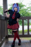 blouse blue_hair bonnet bow cosplay croptop lenfried miniskirt remilia_scarlet skirt tail_plug thighhighs touhou wings zettai_ryouiki rating:Questionable score:0 user:nil!