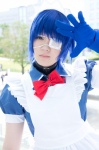 apron blue_hair bowtie choker cosplay eyepatch gloves hairband ikkitousen maid maid_uniform ryomou_shimei yuyuki rating:Safe score:0 user:pixymisa