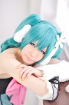 aqua_hair colorful_pop_star!! cosplay detached_sleeves dress ear_muffs haruka hatsune_miku twintails vocaloid rating:Safe score:0 user:nil!