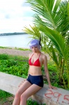 ayane_(doa) beach bikini_top cleavage cosplay dead_or_alive denim headband ocean purple_hair shorts swimsuit tachibana_minami rating:Safe score:0 user:nil!