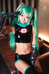 aqua_hair black_legwear cosplay croptop detached_sleeves elbow_gloves gloves hatsune_miku headset necoco necosmo project_diva shorts thighhighs twintails vocaloid rating:Safe score:2 user:nil!