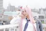 blazer blouse cosplay darling_in_the_franxx emerald horns pink_hair ratings:s school_uniform tie usakichi zero_two rating:Questionable score:0 user:nil!