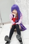 bakemonogatari blouse cosplay hiokichi pleated_skirt purple_eyes purple_hair senjougahara_hitagi skirt thighhighs tie zettai_ryouiki rating:Safe score:0 user:pixymisa