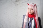 blazer blouse cosplay darling_in_the_franxx emerald horns pink_hair ratings:s scarf school_uniform tie usakichi zero_two rating:Questionable score:0 user:nil!