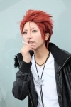 cigarette cosplay k leather_jacket necklace red_hair suoh_mikoto tshirt tukitotoua yellow_eyes rating:Safe score:0 user:pixymisa