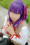 blouse cosplay fate/series fate/stay_night hazuki_minami kneesocks matou_sakura pleated_skirt purple_hair school_uniform skirt vest rating:Safe score:0 user:nil!