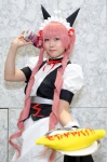 animal_ears apron cat_ears cosplay faris_nyannyan hairbows hair_ribbons maid maid_uniform pink_hair serving_tray steins;gate twintails yoppy rating:Safe score:0 user:pixymisa