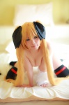 arai_yomi bed black_legwear blonde_hair blouse bottomless cleavage cosplay fate_testarossa hairbows lyrical_nanoha mahou_shoujo_lyrical_nanoha open_clothes thighhighs twintails rating:Questionable score:1 user:nil!