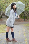 blouse braid cardigan kneesocks nanaka_amanonanae pleated_skirt rain scarf skirt umbrella rating:Safe score:0 user:pixymisa