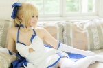 ahoge blonde_hair choker cosplay dress elbow_gloves fate/series fate/stay_night forest_(photoset) gloves hairbow saber thighhighs usakichi zettai_ryouiki rating:Safe score:3 user:nil!