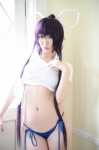 bikini cosplay croptop ikkitousen kanu_unchou kibashi ponytail purple_hair side-tie_bikini swimsuit tshirt rating:Safe score:2 user:nil!