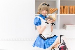 aki_(iv) akizuki_ryo apron blonde_hair cosplay cuffs hairbow idolmaster maid maid_uniform thighhighs zettai_ryouiki rating:Safe score:1 user:pixymisa