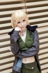 america axis_powers_hetalia blonde_hair cleavage cosplay hair_clip leather_jacket manabe_yuki miniskirt necklace nyotalia pleated_skirt shirt_tied skirt rating:Safe score:0 user:pixymisa