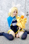 baton blonde_hair collar cosplay detached_sleeves headphones kagamine_len_no_bousou_(vocaloid) kagamine_rin microphone side_skirt_panels swimsuit thighhighs tomosuke vocaloid rating:Safe score:0 user:pixymisa