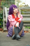 bakemonogatari blouse cosplay pleated_skirt purple_hair school_uniform senjougahara_hitagi skirt thighhighs tie yuzunyan zettai_ryouiki rating:Safe score:3 user:nil!