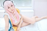 bikini cosplay hakuhi_kaede headphones hoodie nitro_super_sonic pink_eyes pink_hair super_soniko swimsuit rating:Safe score:0 user:pixymisa
