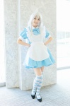 ahoge apron bowtie cosplay dress haiyore!_nyaruko-san kinako_(ii) kneehighs nyaruko striped white_hair rating:Safe score:0 user:pixymisa