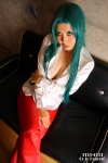 blouse cleavage cosplay green_hair morrigan_aensland open_clothes otomaru trousers vampire_(game) rating:Safe score:3 user:nil!