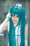 aqua_hair cosplay dress elbow_gloves gloves hat hatsune_miku nachiko tagme_song tie twintails vocaloid rating:Safe score:0 user:nil!