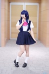 anri blouse blue_hair cosplay furude_rika higurashi_no_naku_koro_ni kneesocks pleated_skirt school_uniform skirt skirt_lift suspenders rating:Safe score:0 user:nil!
