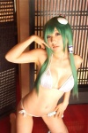 bikini cleavage cosplay green_hair hanamura_misaki kochiya_sanae miko side-tie_bikini swimsuit touhou touhou_kinbauchou rating:Safe score:1 user:nil!