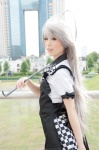 ahoge antenna_hair apron blouse bowtie cosplay crowbar haiyore!_nyaruko-san kurasaka_kururu nyaruko silver_hair skirt rating:Safe score:0 user:pixymisa