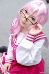 cosplay glasses looking_over_glasses lucky_star miniskirt pantyhose pink_hair pleated_skirt sailor_uniform saku school_uniform skirt takara_miyuki rating:Safe score:0 user:nil!