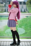 bakemonogatari blouse cosplay pleated_skirt purple_hair satori school_uniform senjougahara_hitagi skirt stapler thighhighs tie zettai_ryouiki rating:Safe score:2 user:nil!