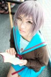 book cardigan cosplay glasses looking_over_glasses nagato_yuki purple_hair sailor_uniform school_uniform suzumiya_haruhi_no_yuuutsu tamaki_shuri rating:Safe score:0 user:nil!