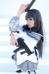 akemi_homura blouse cosplay guns hairband mari_(ii) pantyhose pleated_skirt puella_magi_madoka_magica skirt rating:Safe score:1 user:nil!