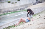 barefoot beach hairband han_ga_eun necklace open_shorts panties shirt shorts rating:Safe score:0 user:mock