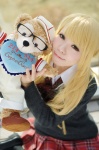 blonde_hair blouse cosplay glasses hayase_ami original pleated_skirt school_uniform skirt stuffed_animal sweater teddy_bear thighhighs twintails rating:Safe score:1 user:nil!