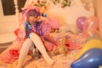 amatsuka_miyu bed cosplay dress hat lollipop patchouli_knowledge purple_hair robe stuffed_animal thighhighs touhou zettai_ryouiki rating:Safe score:1 user:nil!