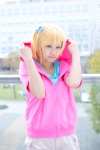 blonde_hair cosplay hoodie kagerou_project kisaragi_momo_(kagerou_project) pink_eyes sakuma_koami shorts tshirt rating:Safe score:0 user:pixymisa