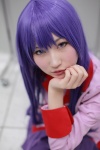 bakemonogatari blouse cosplay hiokichi pleated_skirt purple_eyes purple_hair school_uniform senjougahara_hitagi skirt tie rating:Safe score:1 user:pixymisa