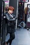 black_legwear dress handbag leather_jacket pantyhose red_hair uriu rating:Safe score:2 user:pixymisa